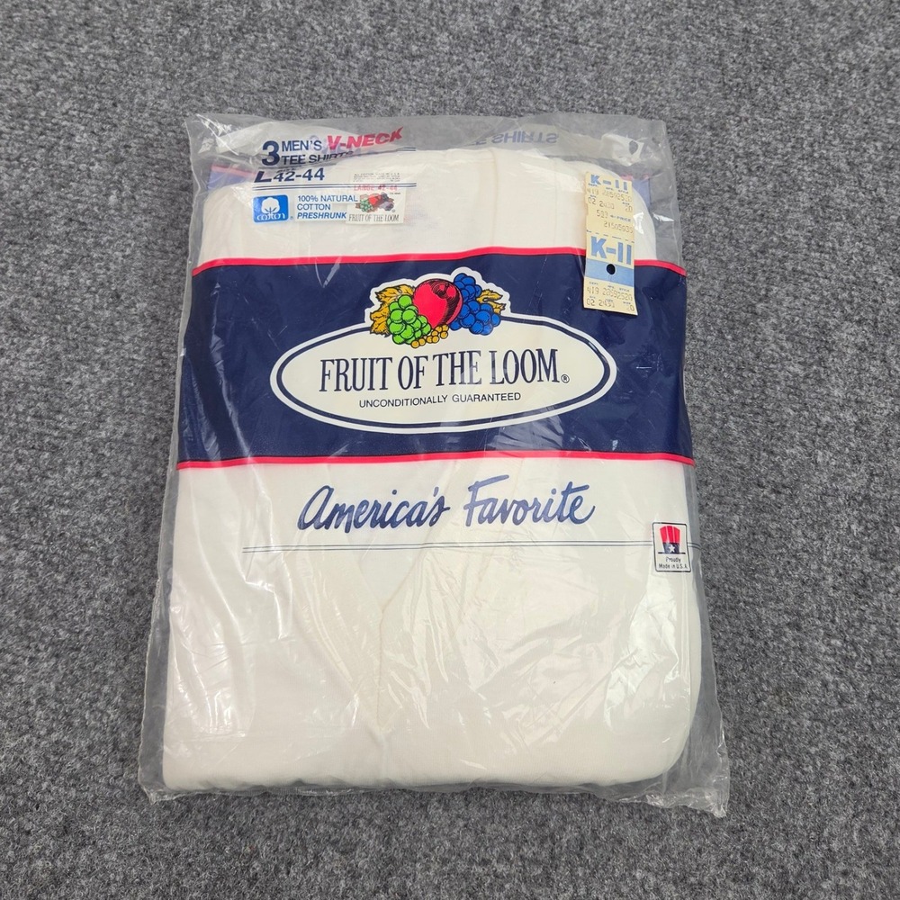 Vintage 80s Fruit of the Loom VNeck Tee Shirts L White 3 Pack USA Made Deadstock